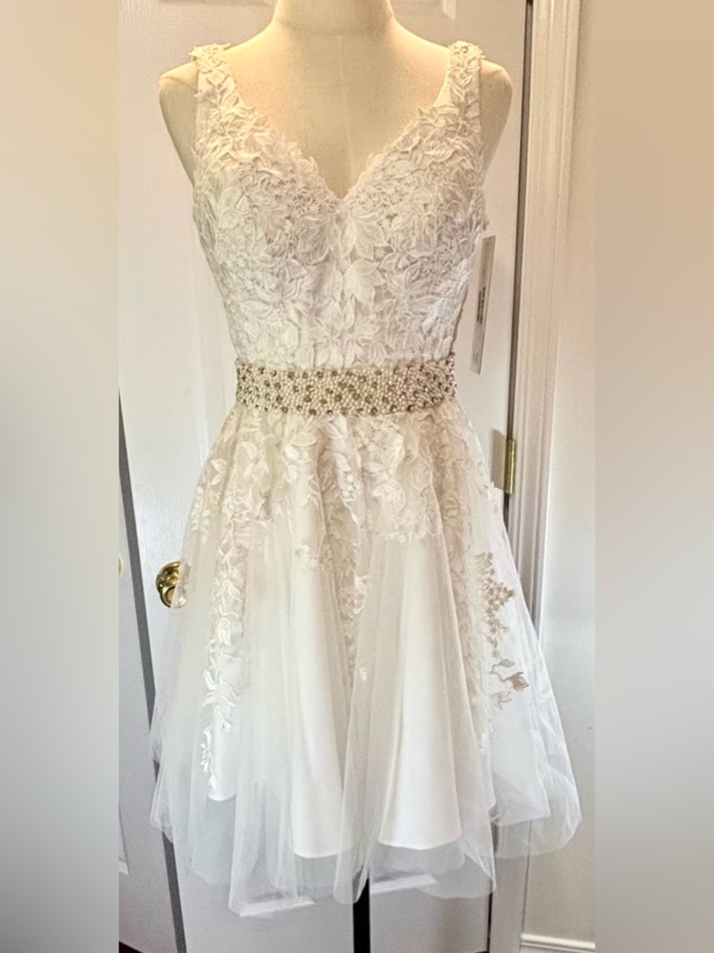 Jovani Floral Bridal Prom Cocktail Dress Flared Tulle Skirt Off White Size 2